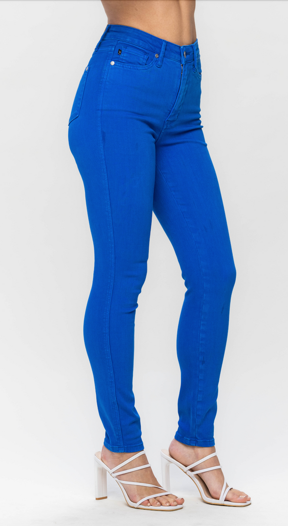 High Waisted Control Top Dyed Skinny Jeans In Cobalt Or Red