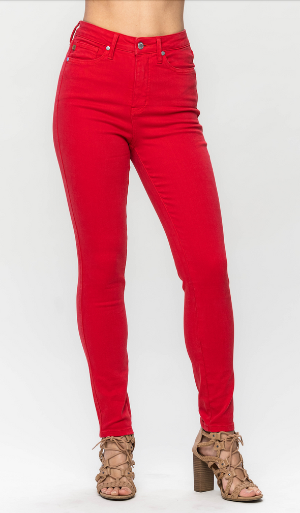 High Waisted Control Top Dyed Skinny Jeans In Cobalt Or Red