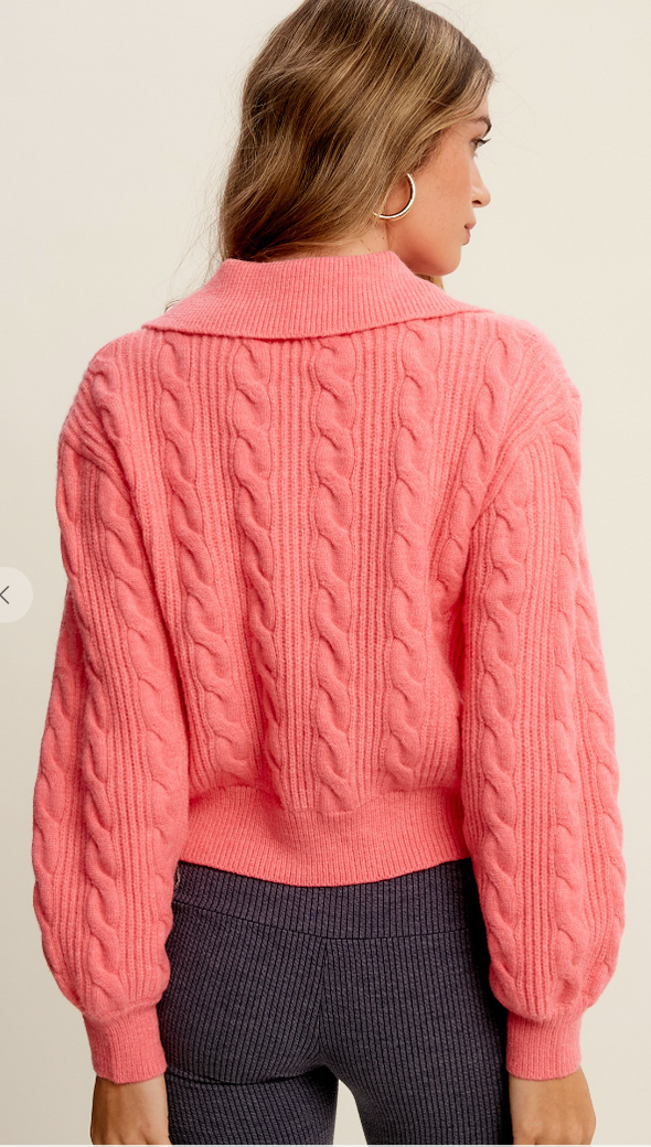 Cable Knit Polo Style Sweater Top