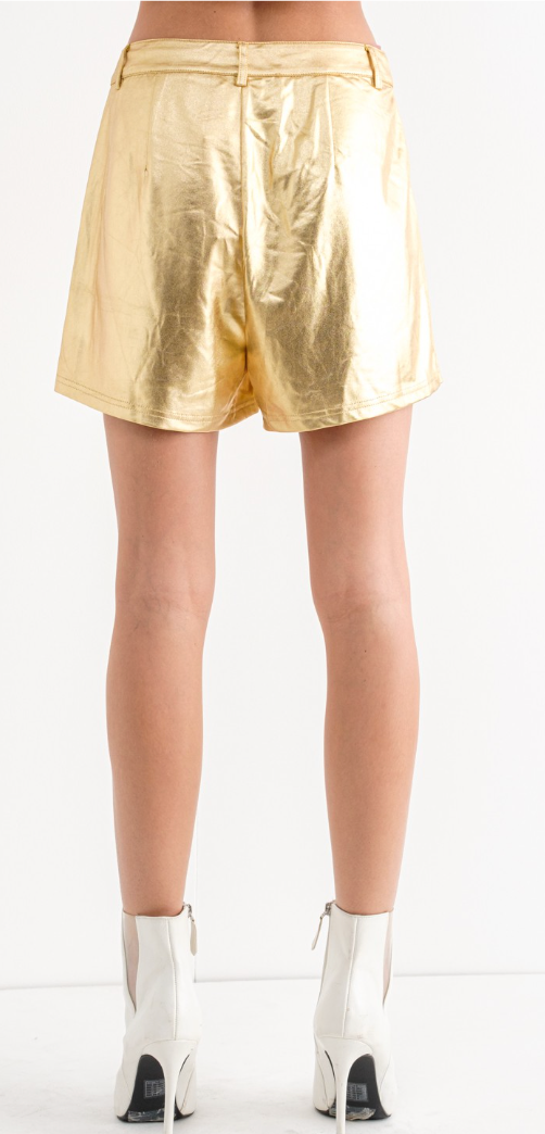 Faux Leather Metallic Stretch Shorts In Gold Or Purple