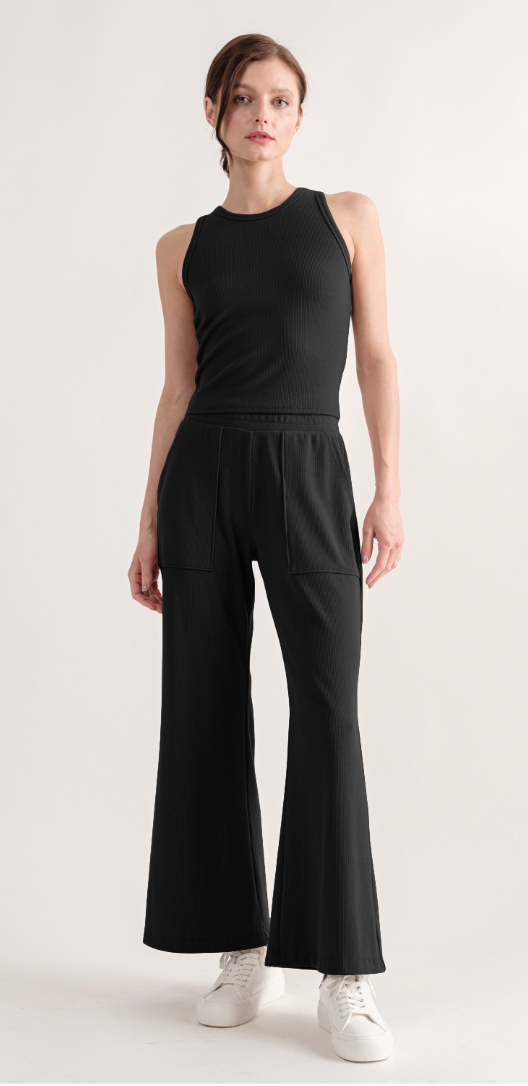 Ribbed Wide Leg Pants With Patch Pockets