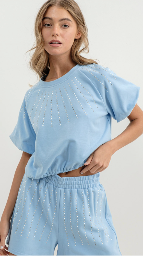 French Terry Studded Gem Crop Top And Shorts Set In Kelly Green Or Powder Blue