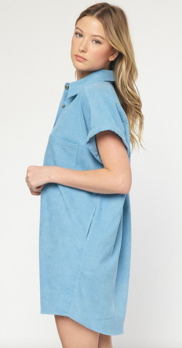 Corduroy Button Down Short Sleeve Dress In 3 Colors