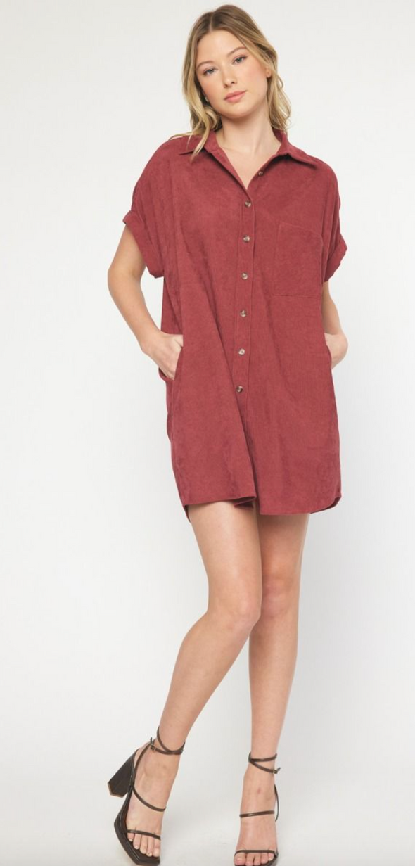 Corduroy Button Down Short Sleeve Dress In 3 Colors