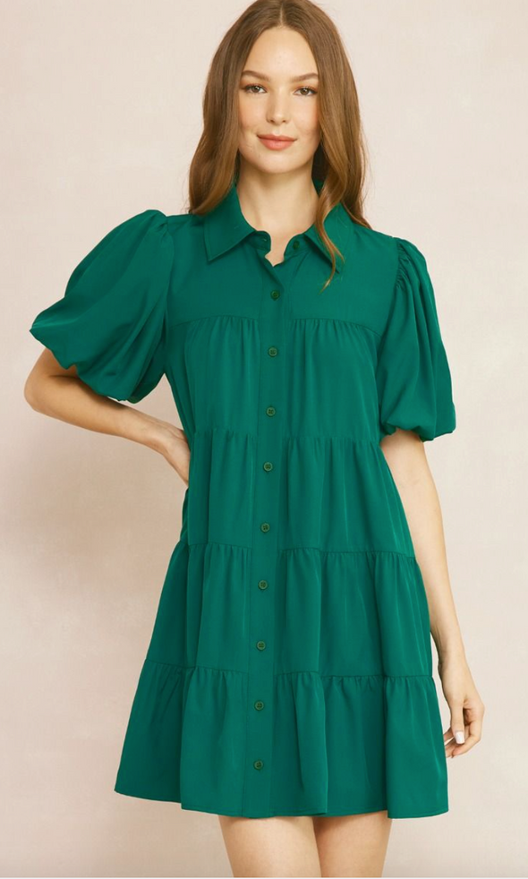 CURVY Tiered Button Down Mini Dress With Puff Sleeves