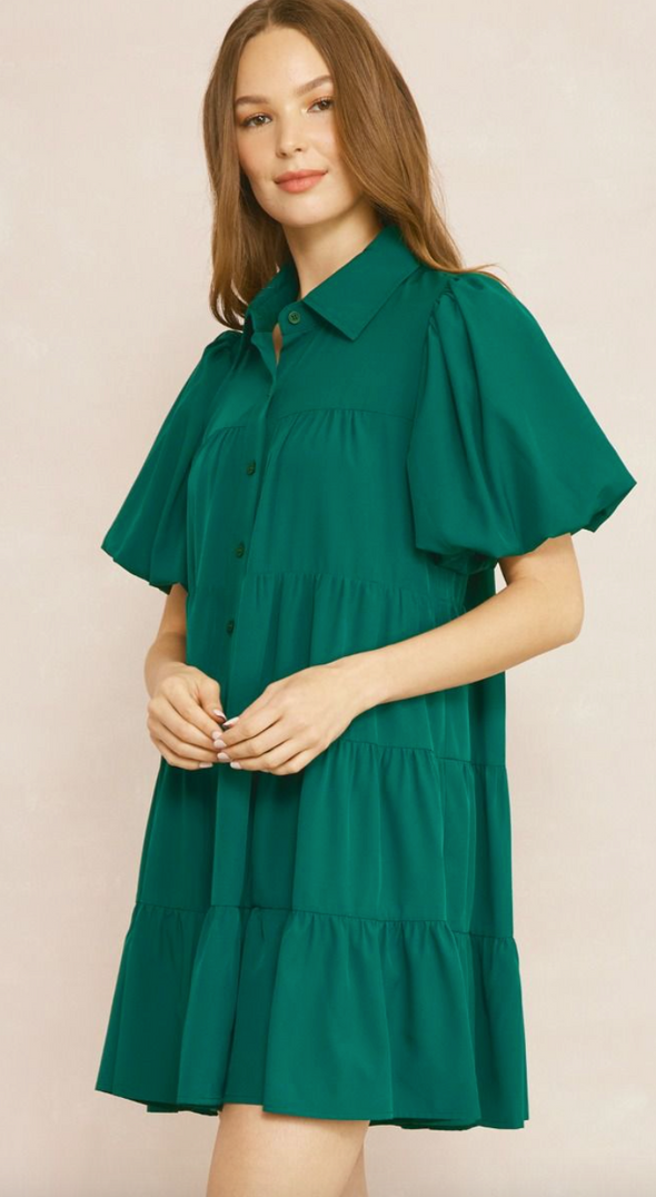 CURVY Tiered Button Down Mini Dress With Puff Sleeves