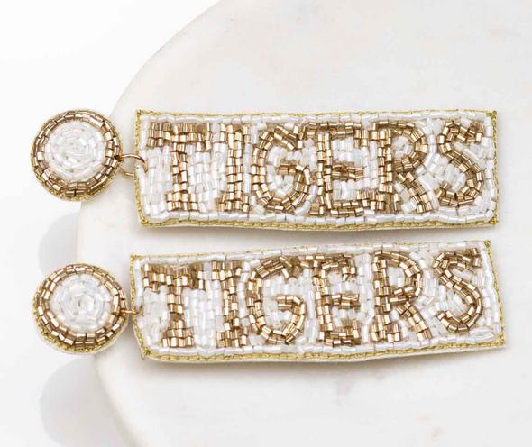 White And Gold Tigers Beaded Earrings