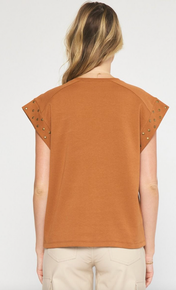 Solid Short Sleeve Top Featuring Stud Detailed Sleeves