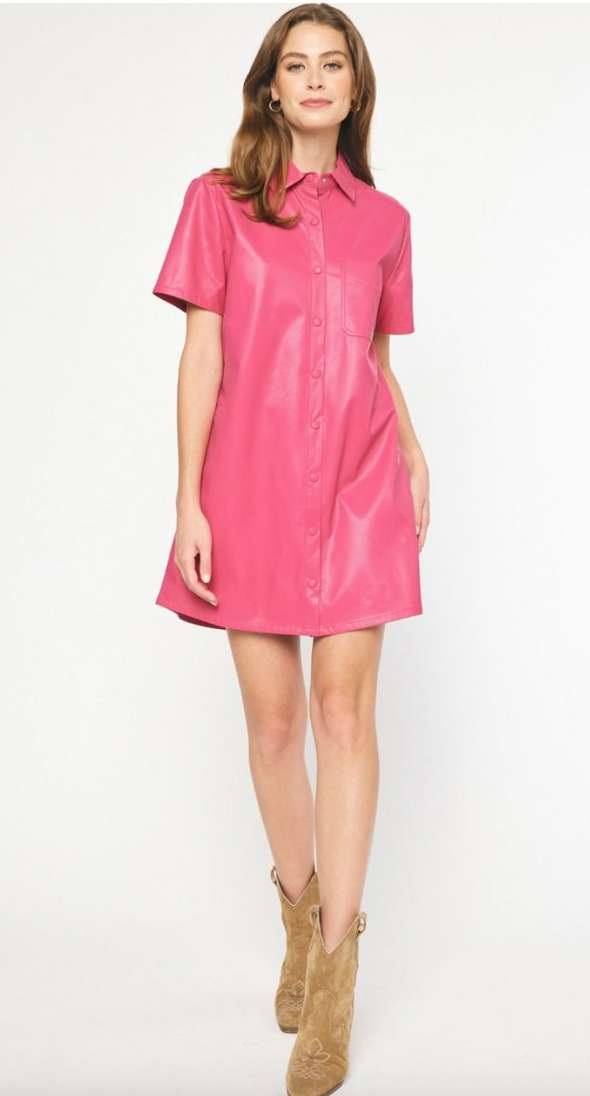 Faux Leather Collared Button Up Mini Dress