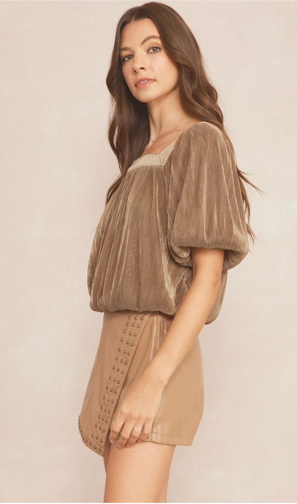 Pleated Square Neck Bubble Sleeve Top