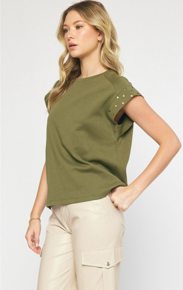 Solid Short Sleeve Top Featuring Stud Detailed Sleeves