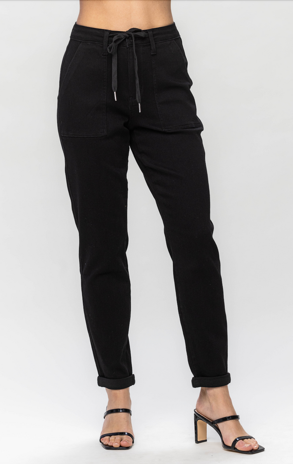 High Waisted Jet Black Double Roll Cuff Jogger Pants