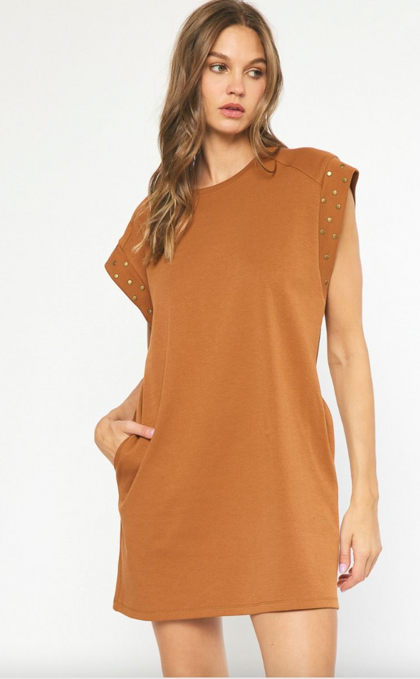 Solid Short Sleeve Dress With Stud Detail In 3 Colors