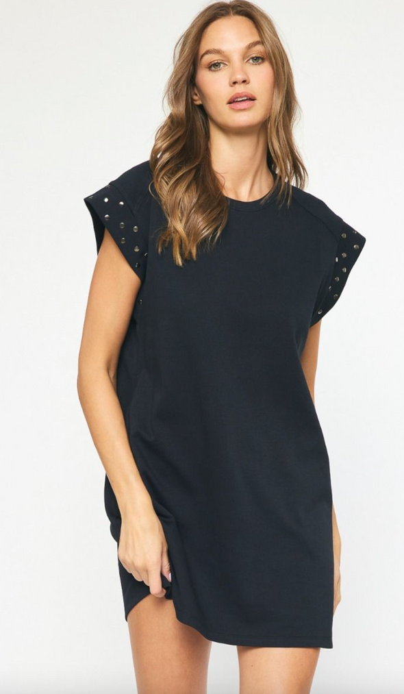 CURVY Solid Short Sleeve Dress With Stud Detail