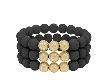 Set of Three Black Clay and Textured Gold Beaded Stretch Bracelets