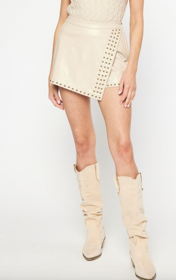 Faux Leather Wrap Skort With Studs