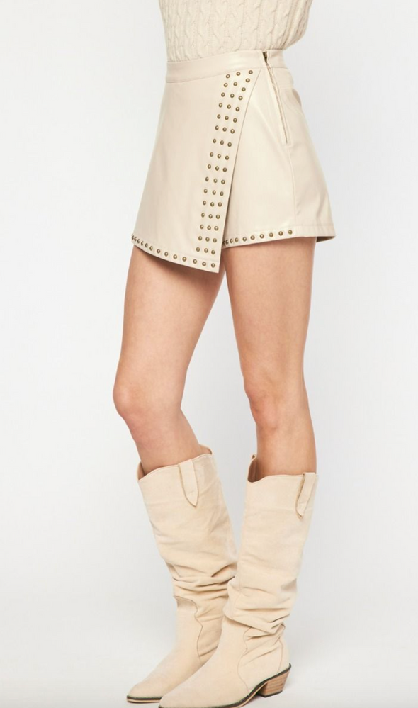 Faux Leather Wrap Skort With Studs