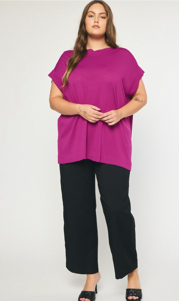 Curvy Solid Boat Neck Short Sleeve Top In Black Or Plum