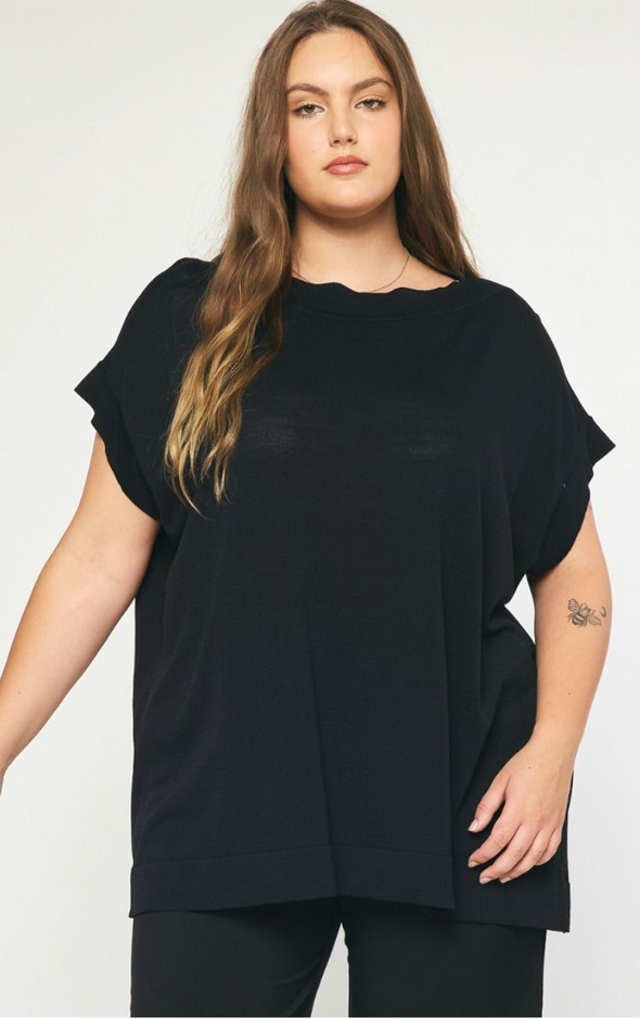 Curvy Solid Boat Neck Short Sleeve Top In Black Or Plum