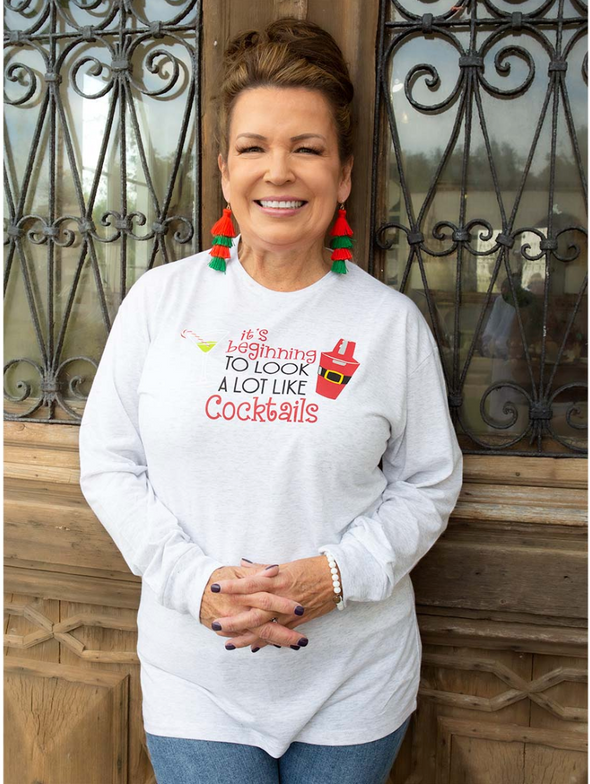 It's Beginning to Look A Lot Like Cocktails Long Sleeve Crew Next T-Shirt Heathered
