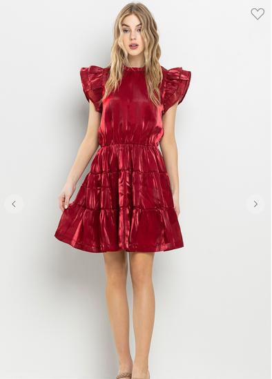 Crimson Metallic Puff Sleeve Dress