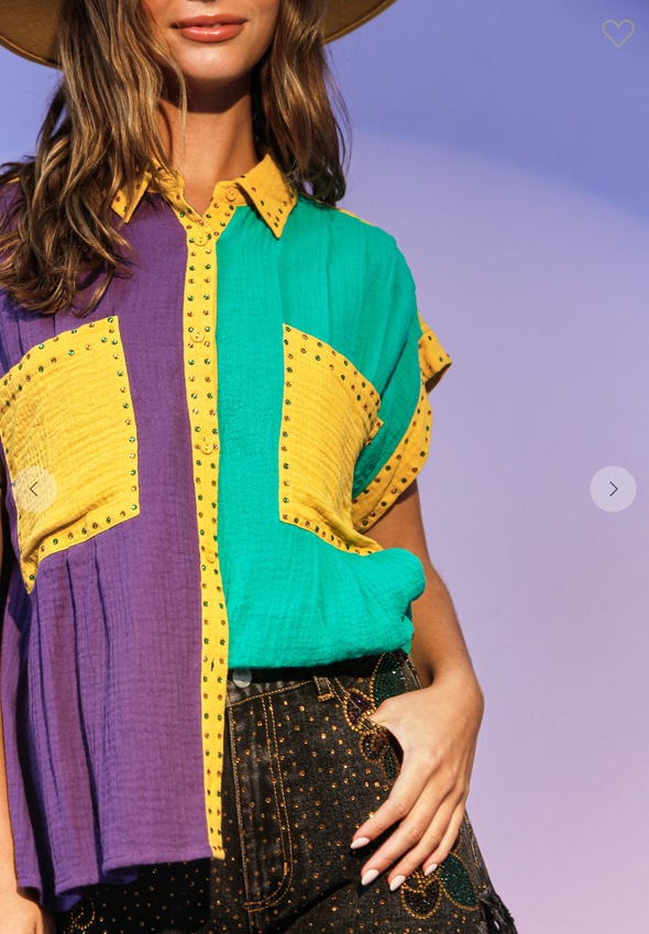 Mardi Gras Rhinestone Lined Color Block Shirt