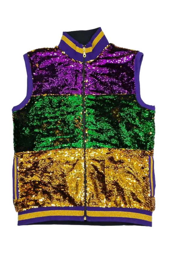 Mardi Gras Adult Sequin Vest Purple, Green, and Gold Stripe