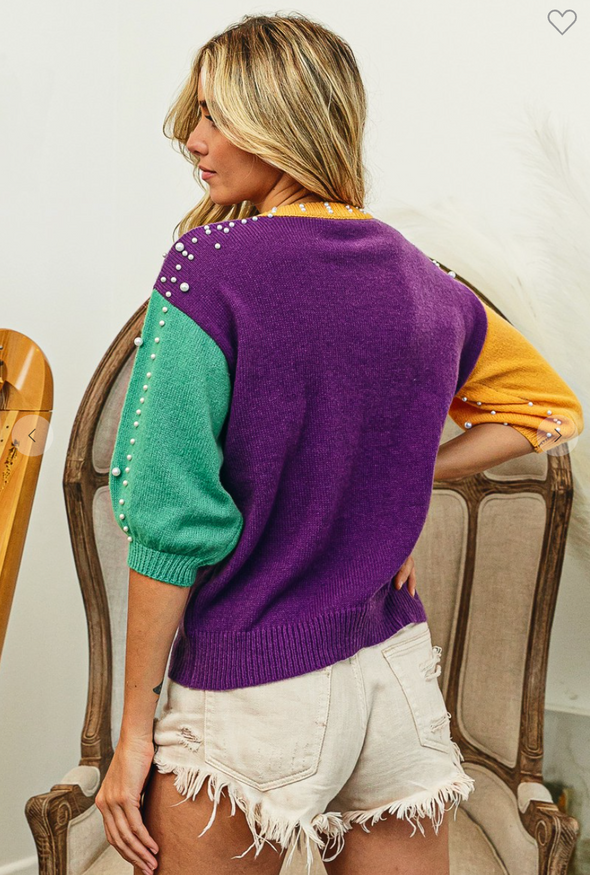 Mardi Gras Color Block Pearl Beaded Sweater