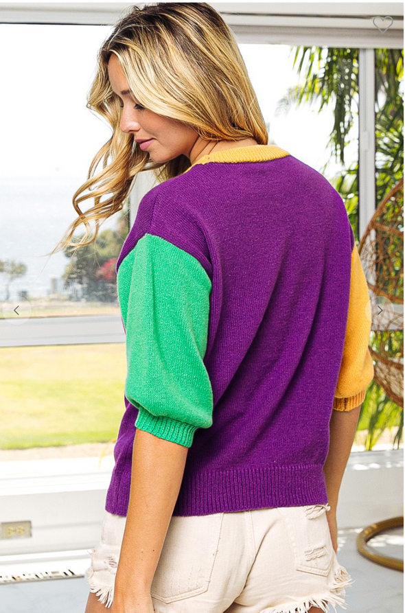 Mardi Gras Color Block Short Sleeve Puff Sleeve Sweater