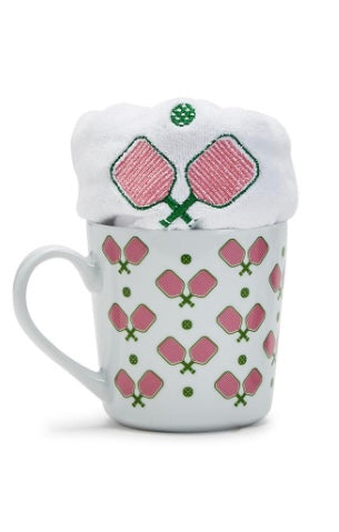 Pickleball Mug with Embroidered Sports Towel In Pink Or Green