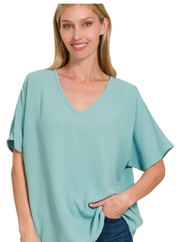 Woven Airflow V Neck Short Sleeve Top In 15 Colors