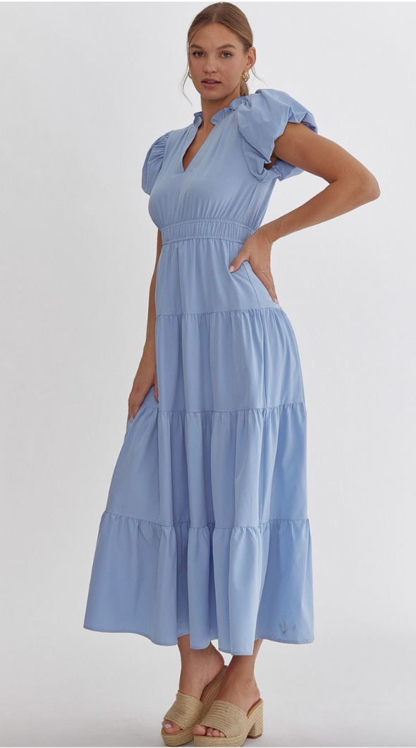 V Neck Bubble Sleeve Tiered Midi Dress In 5 Colors