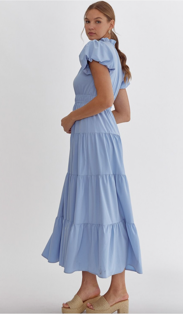 V Neck Bubble Sleeve Tiered Midi Dress In 5 Colors
