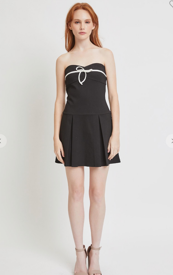 Black Bow Dress with Pleated Skirt Detail