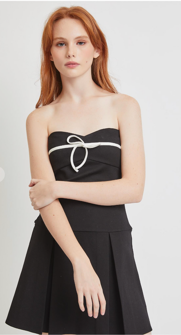 Black Bow Dress with Pleated Skirt Detail