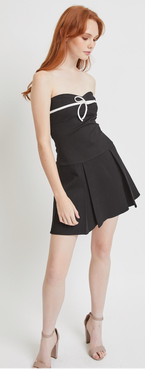 Black Bow Dress with Pleated Skirt Detail