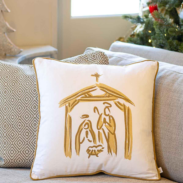 White And Gold Nativity Pillow