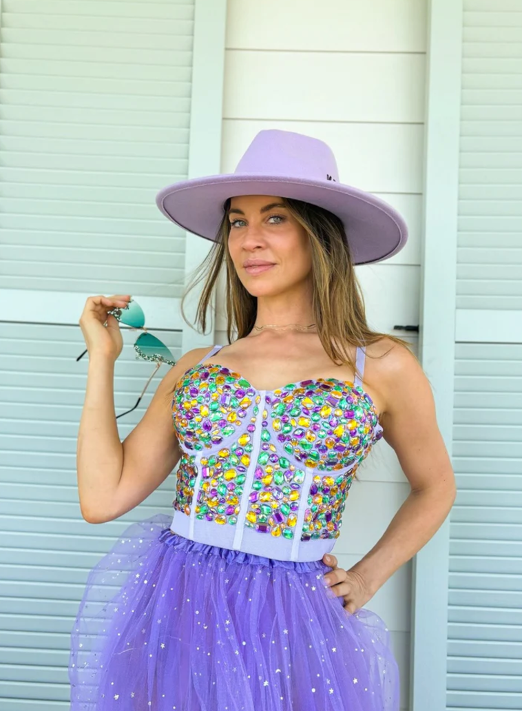 Mardi Gras Rhinestone Bustier In Lavender Or Black – NOLA BOO Mardi Gras Rhinestone Bustier In Lavender Or Black – NOLA BOO