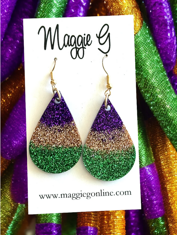 Acrylic Mardi Gras Glitter Tear Drop Earrings