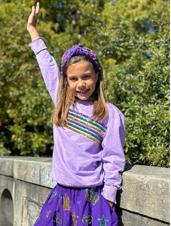 Youth Sequin Stripes French Terry Lavender Long Sleeve