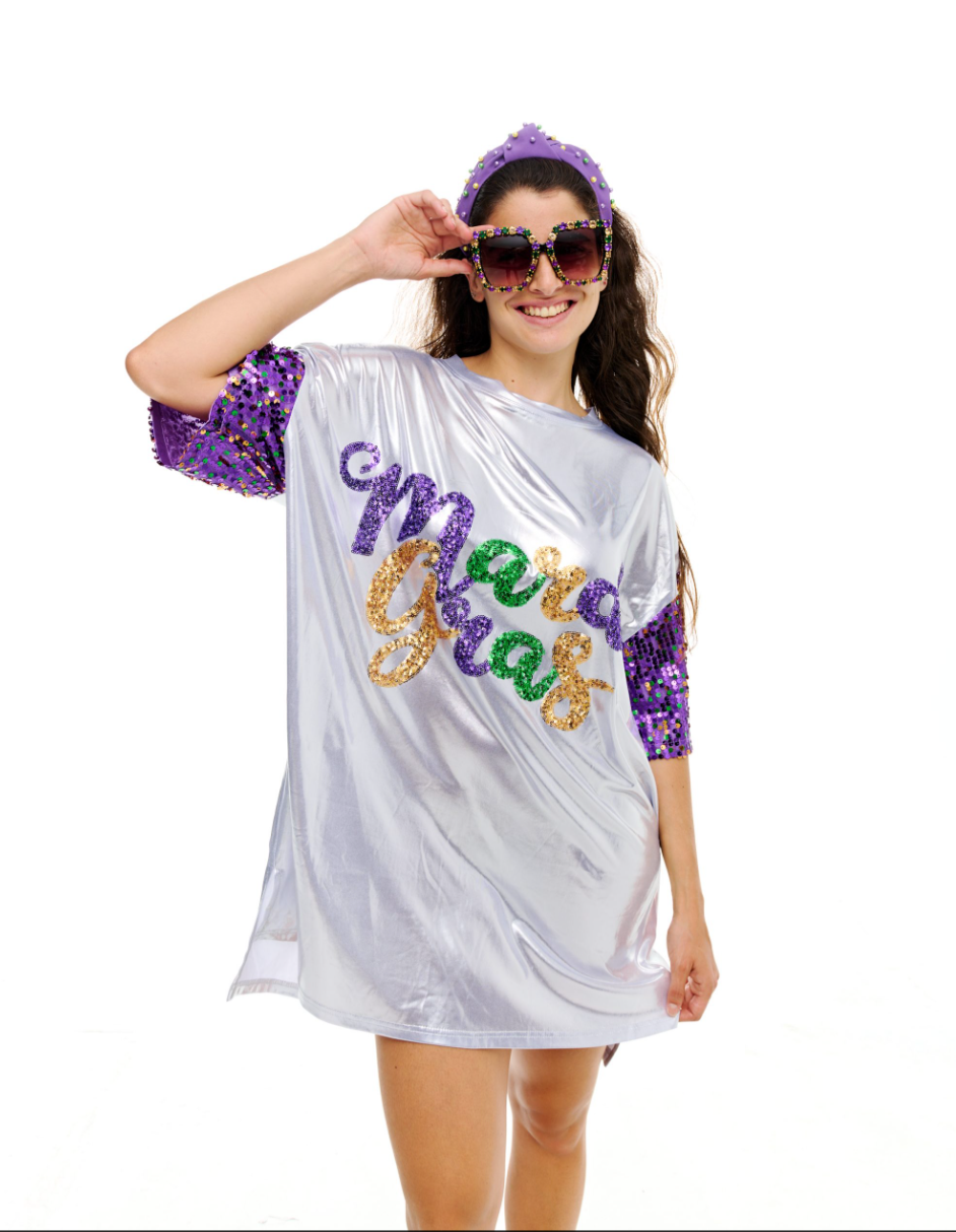 Metallic Mardi Gras Sequin T Shirt Dress M