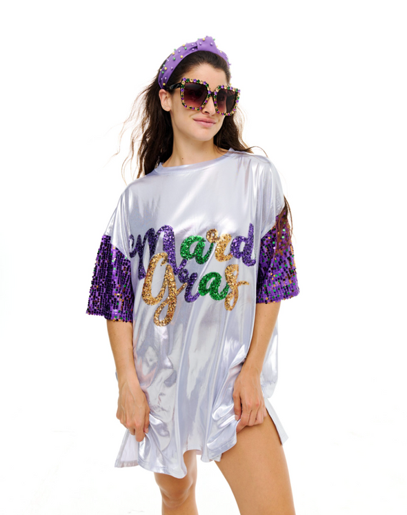 Metallic Mardi Gras Sequin T Shirt Dress