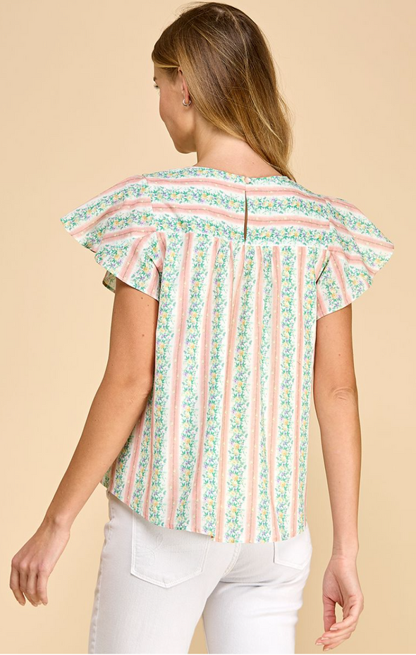 Floral Striped Round Neckline Top