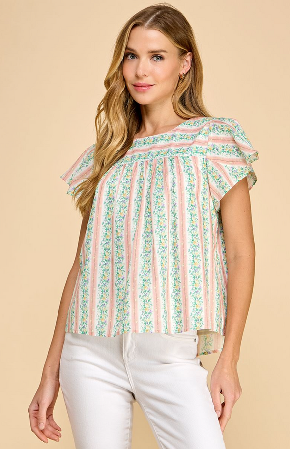 Floral Striped Round Neckline Top