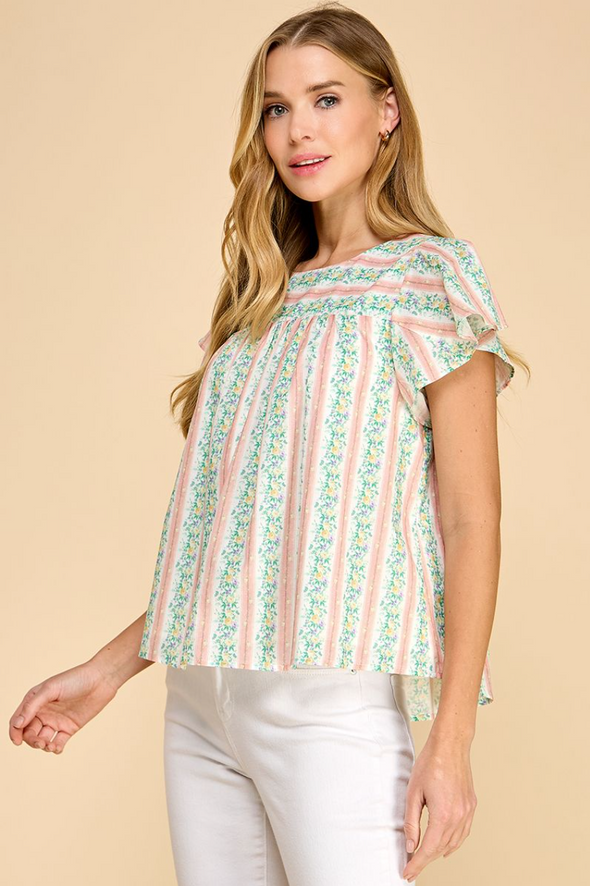 Floral Striped Round Neckline Top