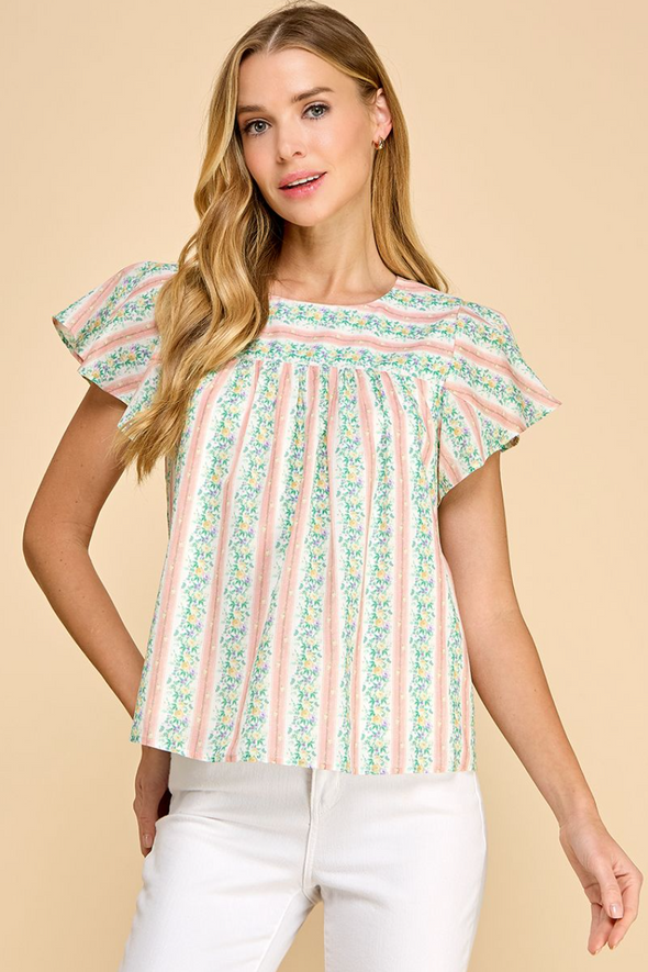 Floral Striped Round Neckline Top