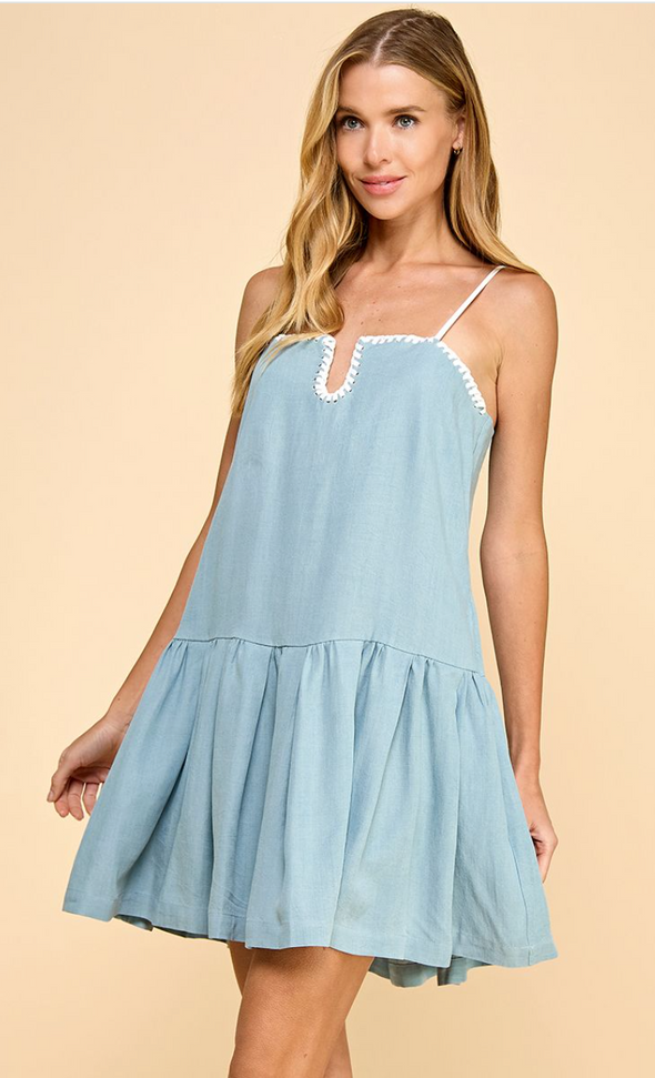 Solid Drop Waist Dress With Stitch Detail In 2 Colors