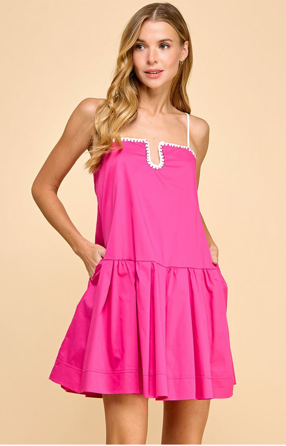 Solid Drop Waist Dress With Stitch Detail In 2 Colors