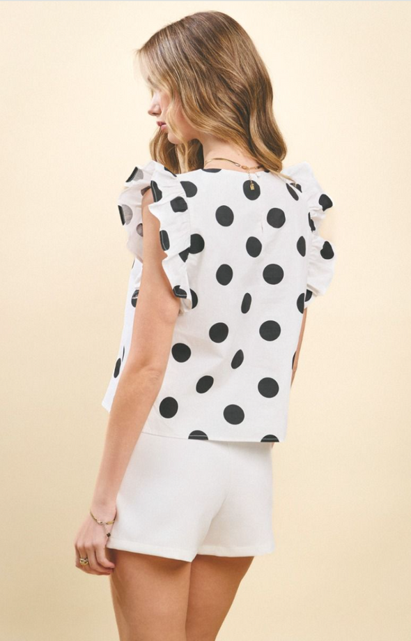 Polka Dotted Print Top With Ruffle Sleeves