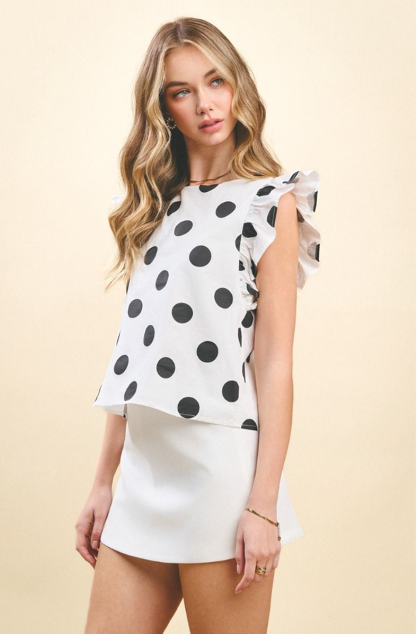 Polka Dotted Print Top With Ruffle Sleeves